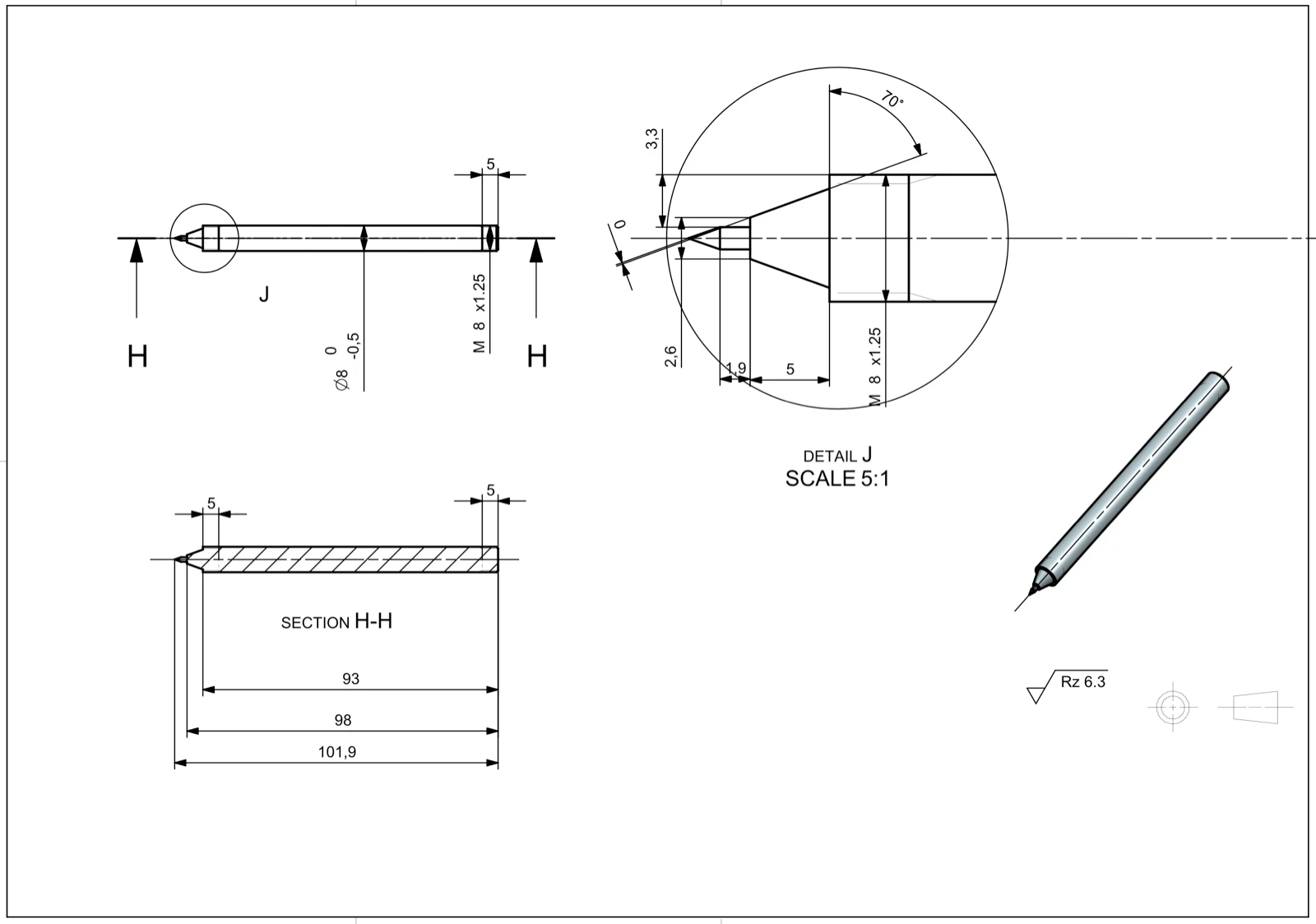 Technische Zeichnung eines PENCYL-Stechers mit Seitenansicht, Schnitt und vergrößertem Detail der Spitze.